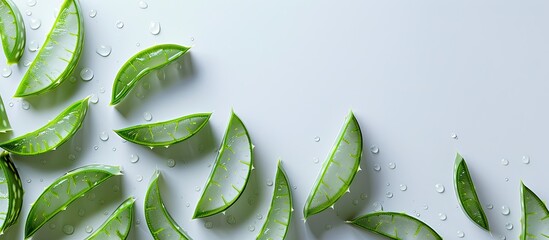 Poster - Aloe vera leaf slices on a white surface with copy space image in a flat lay style conveying a medicinal theme