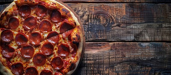 Canvas Print - Top down view of a delicious pepperoni pizza on a rustic wooden surface with room for text in the picture. Copy space image. Place for adding text and design