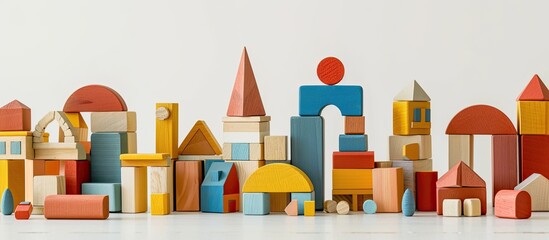 Colorful wooden blocks creating various structures and buildings in a geometric layout set against a white background with copy space image available
