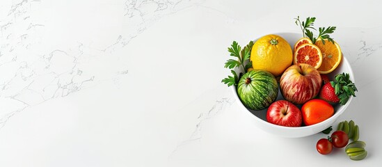 Poster - Raw organic fruits and vegetables in a bowl on a white background with copy space image