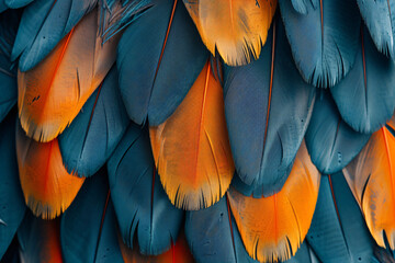 Wall Mural - Beautiful background of colorful feathers in blue and yellow colors on a dark black, orange background.