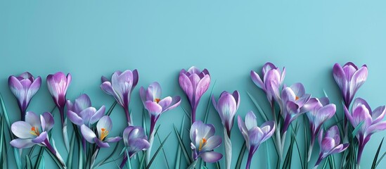 Canvas Print - Crocus flowers create a stunning contrast against a vibrant turquoise backdrop in this lovely copy space image