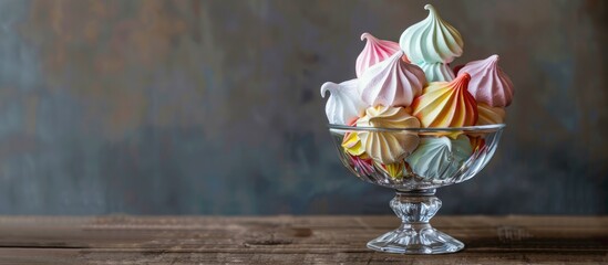 Sticker - A small colorful meringue arrangement in a lovely glass candy dish on an oriental style table leg with copy space image available