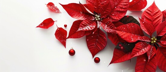 Wall Mural - Create a Christmas card layout featuring a red poinsettia on a white background with copy space image for adding text