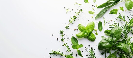 Poster - Organic culinary concept with various greens and herbs displayed on a white background in a top view flat lay composition with copy space image