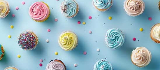 Poster - Birthday party with delicious cupcakes arranged in a flat lay composition on a light blue background ideal for adding text in the copy space image