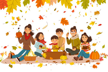 Autumn Family Gathering: A heartwarming illustration of a diverse family enjoying a cozy autumn picnic surrounded by falling leaves, pumpkins, and a crackling fire. Perfect for capturing the essence o