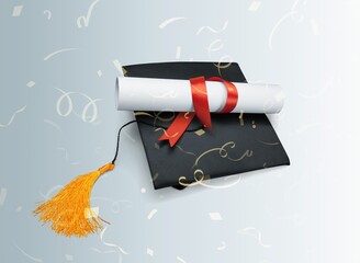 Poster - Graduation concept. academic cap with paper diploma