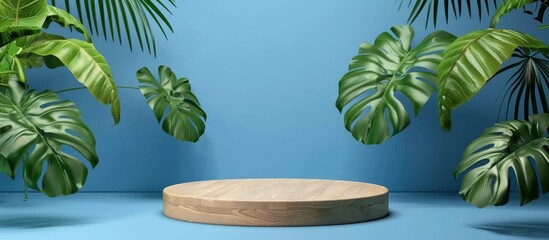 Wall Mural - Front view stage with wooden podium display and monstera leaves decoration against a blue backdrop perfect for a copy space image