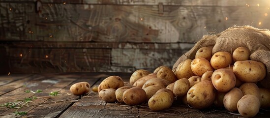 Poster - Freshly harvested organic potatoes on a rustic wooden background with room for text in the copy space image