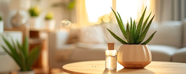 Close-up of diffuser, blurred living room, beige and white tones, wooden table, Aloe smash bottle, succulent pot, bokeh, clean design.