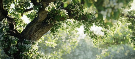 Canvas Print - Outdoors a stunning linden tree adorned with blossoms and lush green leaves providing copy space image