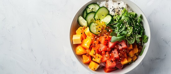 Canvas Print - Image of a poke bowl on a white backdrop with copy space