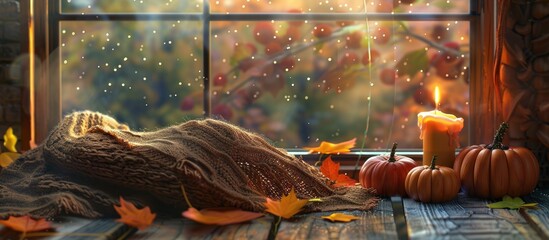 Poster - Hello fall Enjoy a cozy autumn still life scene with pumpkins woolen scarf candle and autumn leaves on a windowsill perfect for a copy space image