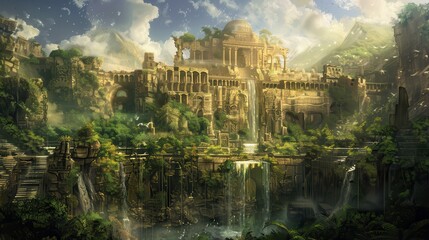 A fantasy landscape with a castle and a waterfall