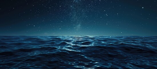 Wall Mural - Starry night sky in blue hues above a serene ocean seascape with ample copy space image