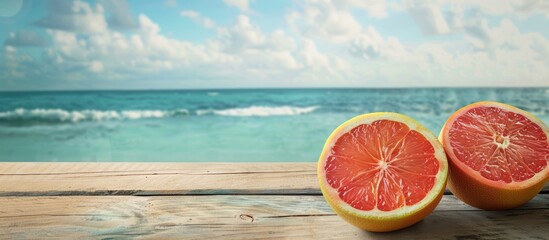 Wall Mural - Fresh cut grapefruit halves on a wooden table with a backdrop of sea and sky providing a copy space image for food and drinks