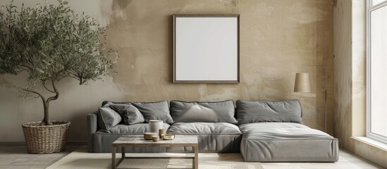 Wall Mural - A contemporary living room with a grey sofa coffee table olive tree and an empty frame on a beige wall ideal for a copy space image