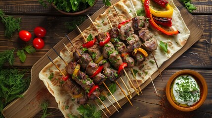 Canvas Print - Delicious grilled shish kebab skewers on wooden board. Perfect for summer BBQ gatherings. Appetizing and colorful meal made of marinated meat and vegetables. Enjoy a taste of Mediterranean cuisine. AI