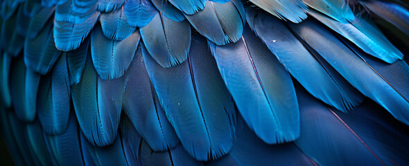 Wall Mural - blue macaw feathers texture background, close up photo of blue and dark blue parrot wings pattern wa