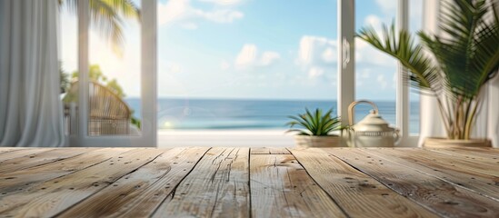 Canvas Print - Ideal for product promotions a coastal living room setting with a blurred background features a wooden table offering ample copy space image opportunities