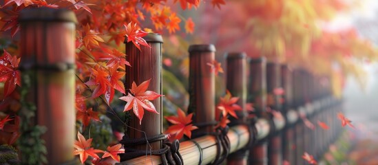 Wall Mural - In autumn vibrant maple leaves adorning a Japanese style fence create a picturesque scene with copy space image