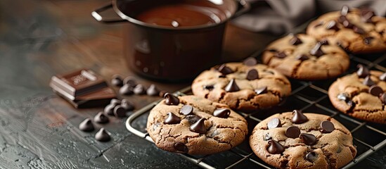 Sticker - Chocolate chip cookies presented on a cooling rack alongside a chocolate pot ideal for a culinary copy space image