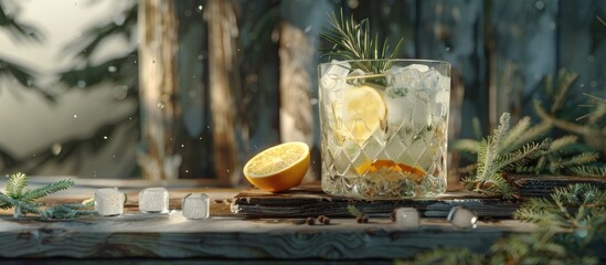 Poster - Refreshing gin and tonic cocktail with ice lemon and rosemary in a frozen glass displayed on an old wooden plank with juniper branches Copy space image