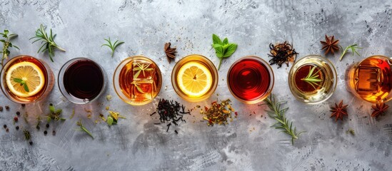 Poster - Various liqueurs displayed in glasses on a textured grey table in a top down view for a copy space image