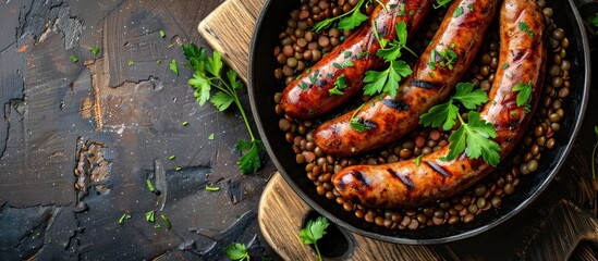 Canvas Print - A rustic top view image with copy space of a fresh second course meal featuring sausages and lentils on a table