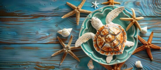 Poster - A turtle shaped plate holds starfish and various seashells on a blue wooden background Top view with copy space image