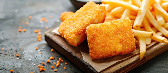 Canvas Print - Delicious golden fish sticks paired with crispy French fries perfect for a satisfying meal with copy space image