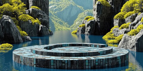 Sticker - Stone Platform in a Mountain Lake with Lush Green Foliage