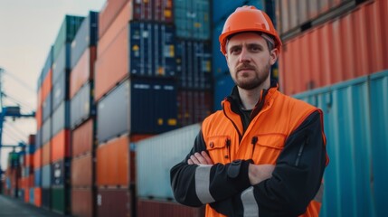 Poster - Caucasian warehouse worker in uniform with hard hat standing in container port terminal. Area logistics import export and ship