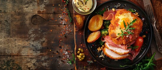 Poster - A rustic top view of a fresh meal featuring a chicken cordon bleu cutlet with ham and cheese is displayed on a table with copy space image