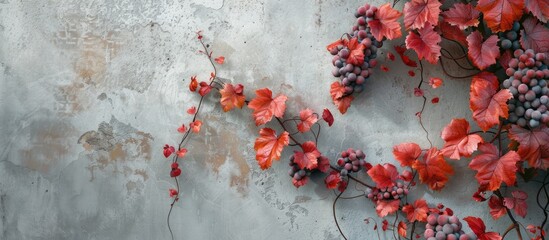 Wall Mural - a stunning image of a red grape vine branch showcasing vibrant red and orange leaves on a concrete w