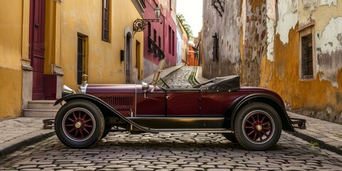 Aufkleber - Vintage car parked on a cobblestone street, capturing the essence of a bygone era