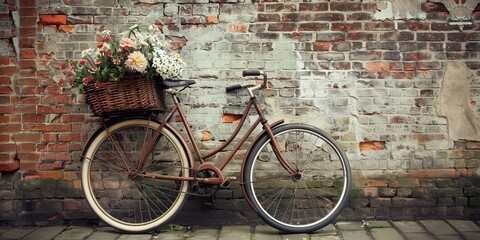 Aufkleber - Old-fashioned bicycle with a basket of flowers, parked against a weathered brick wall