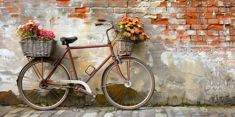 Aufkleber - Old-fashioned bicycle with a basket of flowers, parked against a weathered brick wall