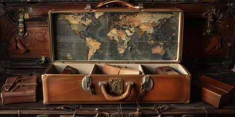 Aufkleber - Classic leather suitcase packed with travel souvenirs, ready for an adventure