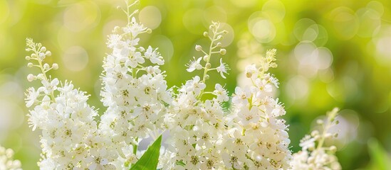 Poster - Close up image of Filipendula ulmaria a flowering plant with white flowers growing in a meadow or green field used in herbal medicine as a natural remedy in a natural summer setting with space for te