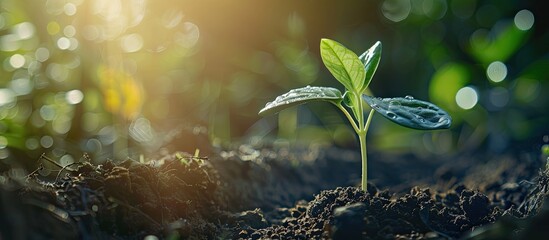 Poster - A closeup of a young seedling growing in soil outdoors on a sunny day with copy space image available for text