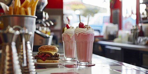 Wall Mural - Retro-style diner counter with milkshakes and burgers, invoking nostalgic Americana