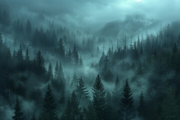 Misty Forest Fantasy: Dark and Enigmatic Halloween Landscape Panoramic View