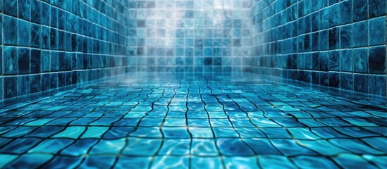 Sticker - Swimming Pool with blue tiled underwater surface showing water ripples for copy space image