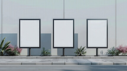 Wall Mural - three blank advertising billboards stand side by side on a sidewalk, surrounded by small plants, rea