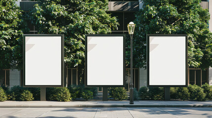 Wall Mural - three blank billboards lined up on a street with lush green trees in the background and a solitary l