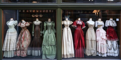 Aufkleber - Victorian era dresses on display in an antique shop window, showcasing fashion history