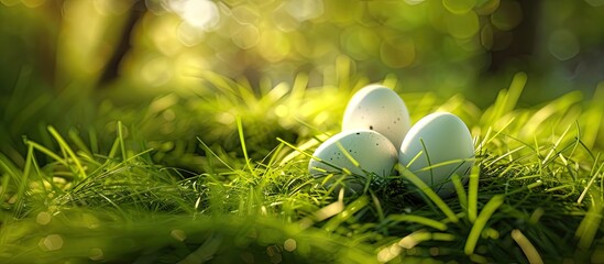 Sticker - Eggs of a white bird laid on lush green grass forming a serene scene with copy space image