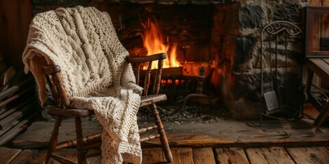 Aufkleber - Rustic wooden chair by a fireplace, draped with a hand-knitted blanket